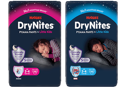 2 packs of huggies drynites pyjama pants age 3-4 that offer support for children who have enurisis